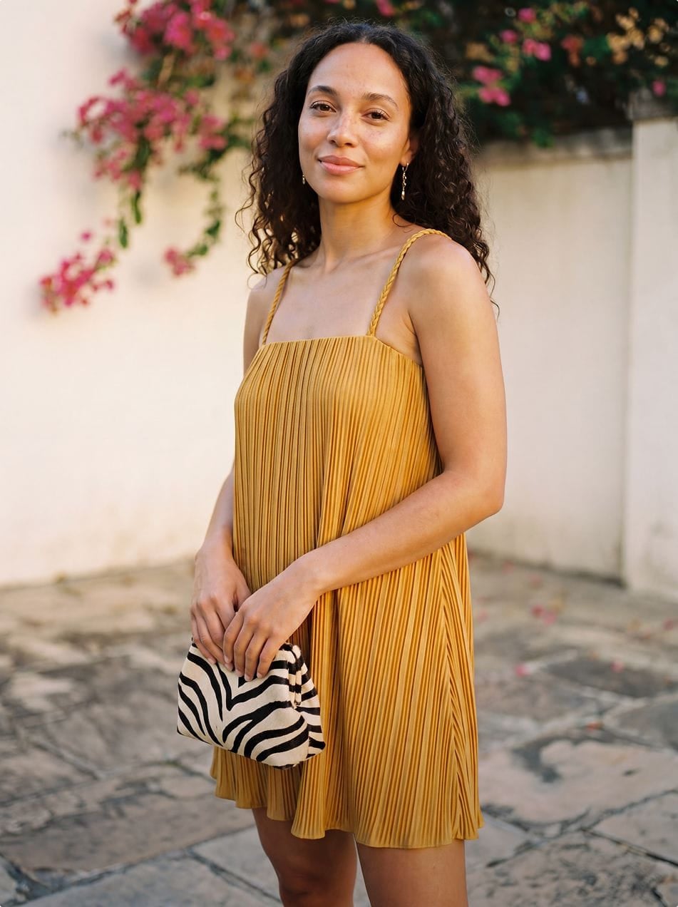 pleated yellow dress