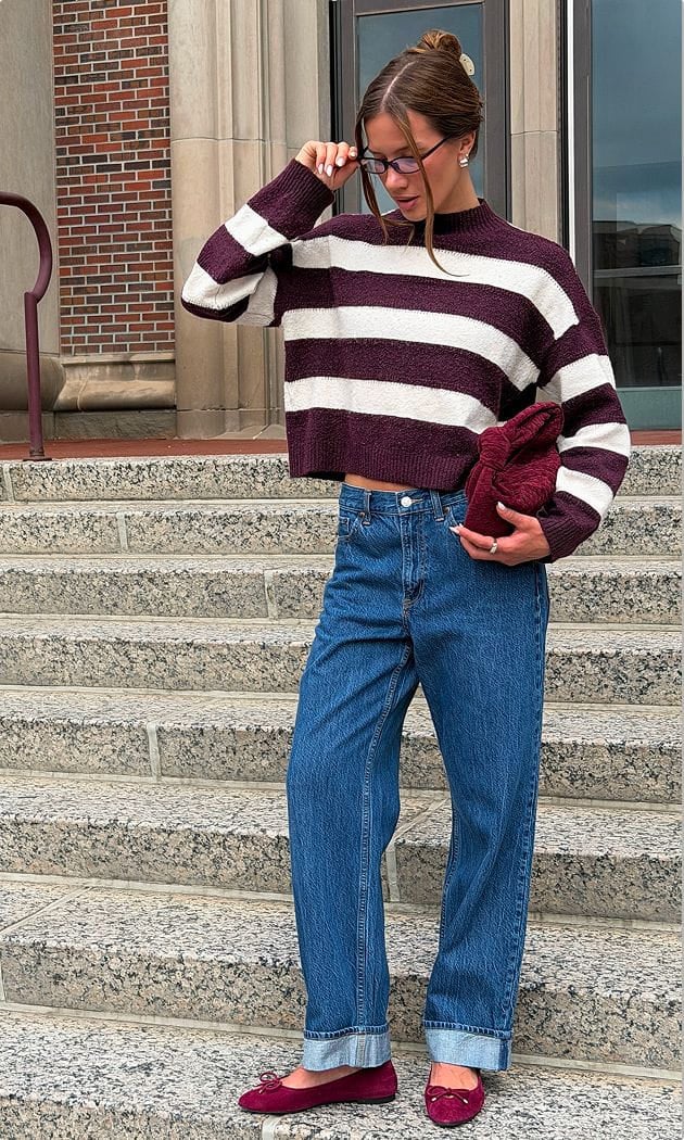 boxy striped sweater and jeans