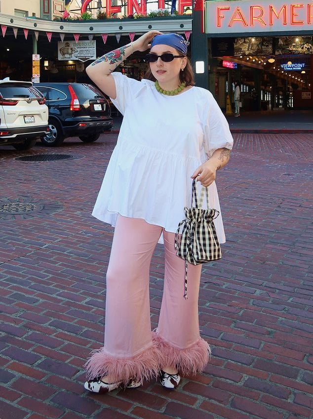 white blouse and pink pants