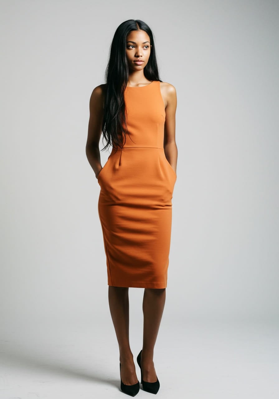 knee length dresses for ladies Burnt Orange Sleeveless Draped Top Ruched Skirt Midi Dress – AX Paris main image 1